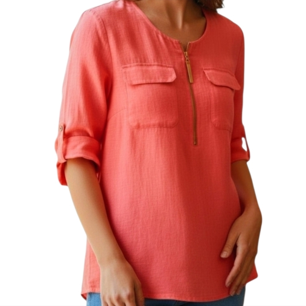 Cotton Linen Half Sleeve Tunic w Pockets in Salmon w Gold Tone Zipper & Tassel M